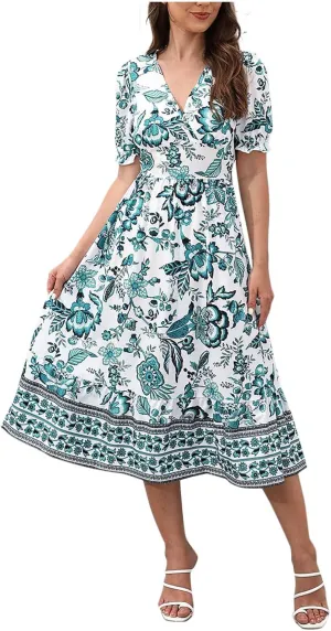 QIGUAND Vintage Floral Print Midi Dress for Women Summer Puff Short Sleeve Wrap V Neck A-Line Dresses Casual High Waist Dress