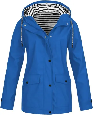 Rain Jacket Women,Lightweight Long Sleeve Raincoat Outdoor Hooded Waterproof Jacket Windbreaker Zip Up Trench