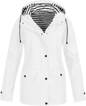 Rain Jacket Women,Lightweight Long Sleeve Raincoat Outdoor Hooded Waterproof Jacket Windbreaker Zip Up Trench