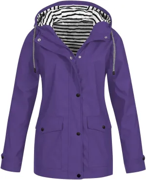 Rain Jacket Women,Lightweight Long Sleeve Raincoat Outdoor Hooded Waterproof Jacket Windbreaker Zip Up Trench