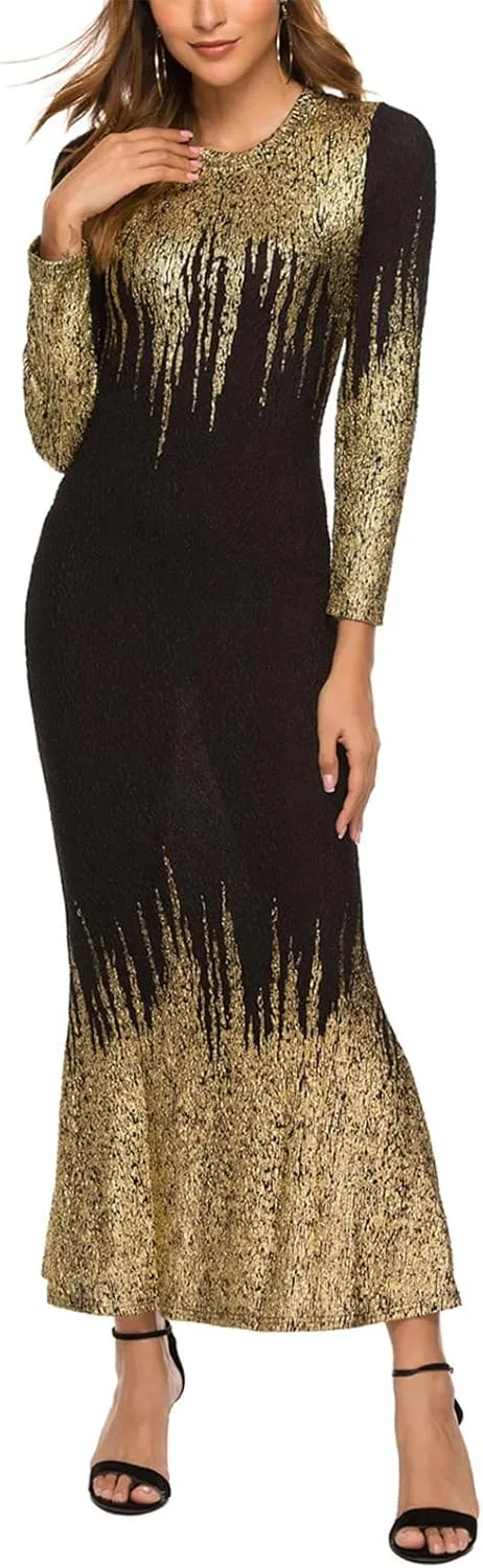 Resnan Women's Bronzing High Waist Dress Slim fit Pencil Long Sleeves Party Summer Bodycon Sexy Midi Evening Dress