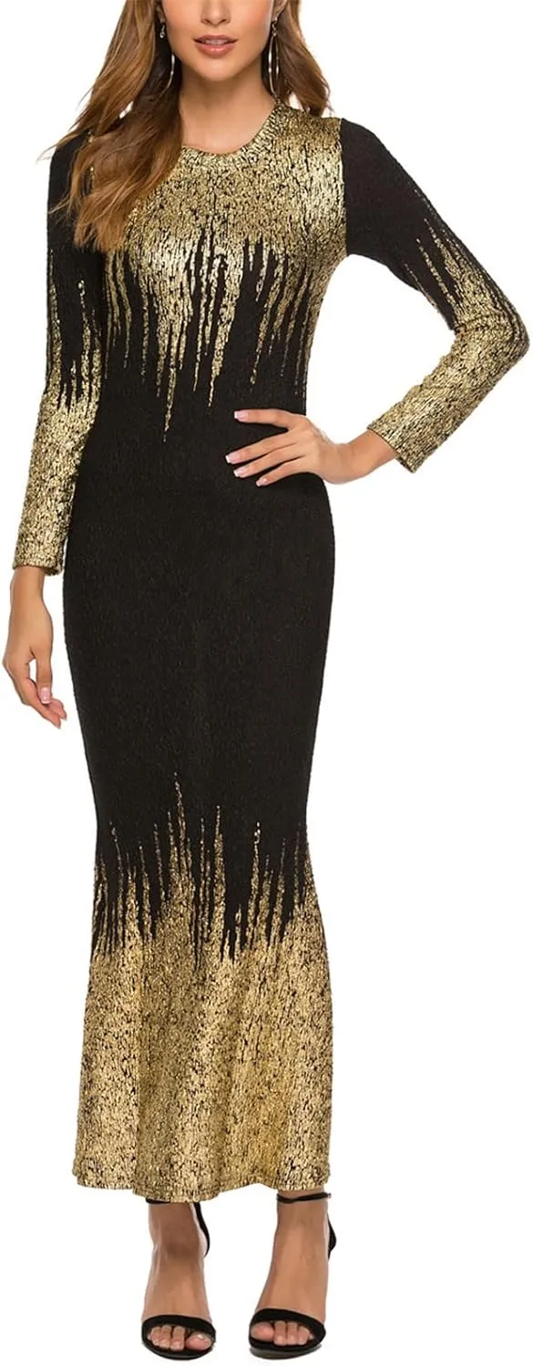Resnan Women's Bronzing High Waist Dress Slim fit Pencil Long Sleeves Party Summer Bodycon Sexy Midi Evening Dress