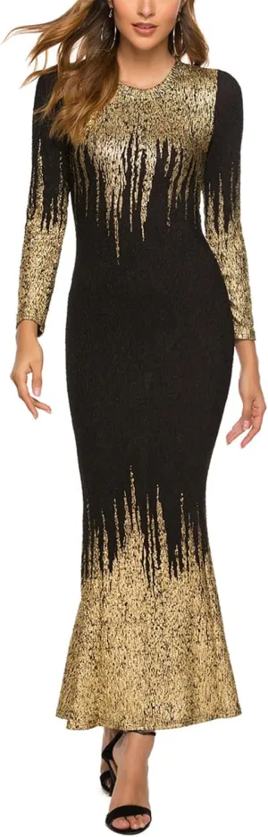 Resnan Women's Bronzing High Waist Dress Slim fit Pencil Long Sleeves Party Summer Bodycon Sexy Midi Evening Dress