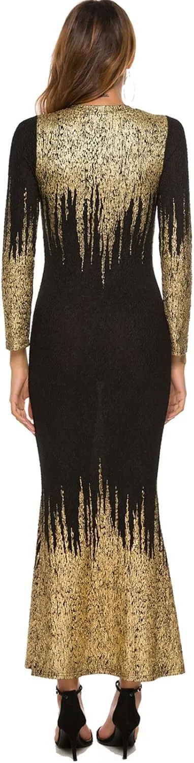 Resnan Women's Bronzing High Waist Dress Slim fit Pencil Long Sleeves Party Summer Bodycon Sexy Midi Evening Dress