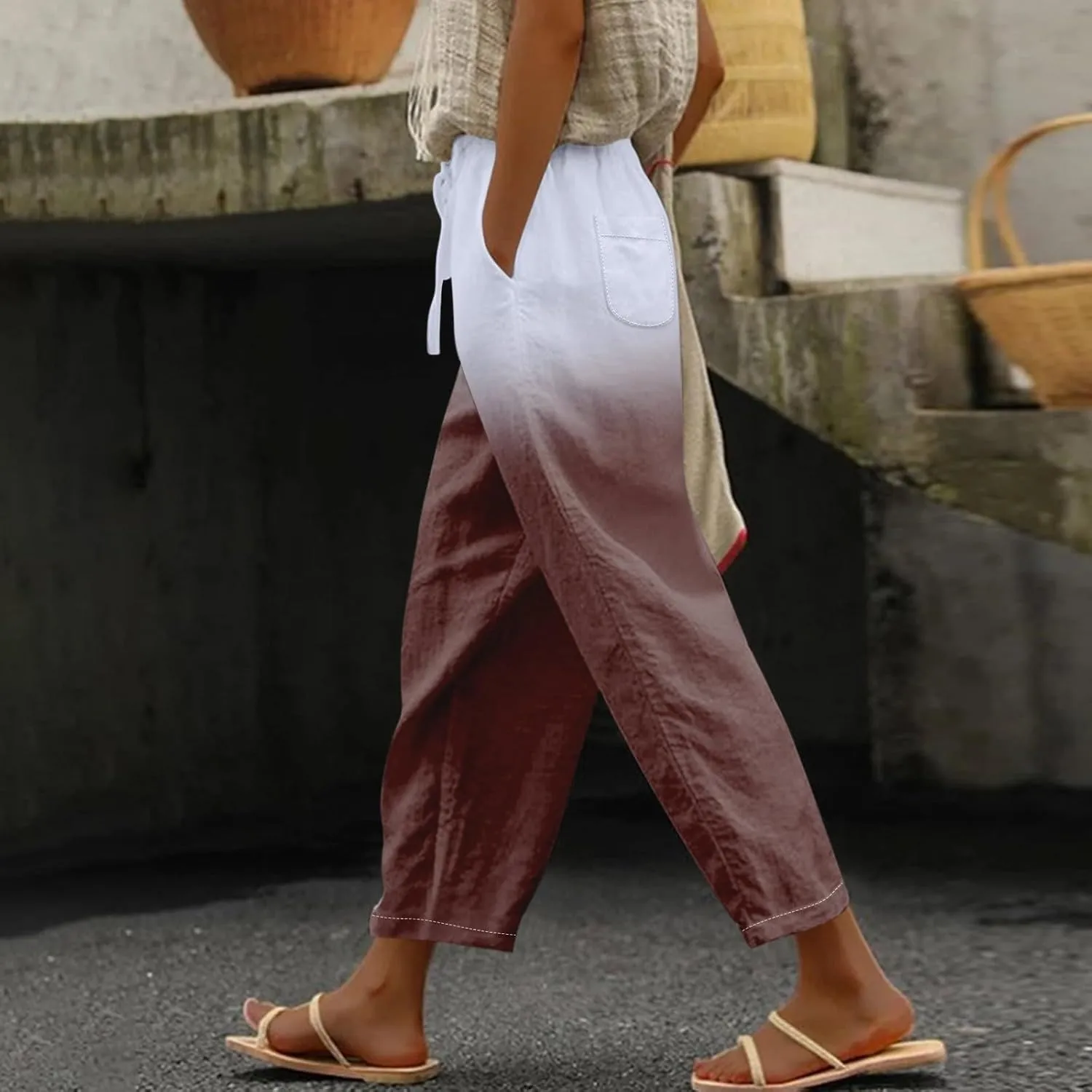 Resort Wear for Women 2025 Cotton Linen Elastic Seven Pants Beach Casual Pants Linen Casual Beach Long Pants