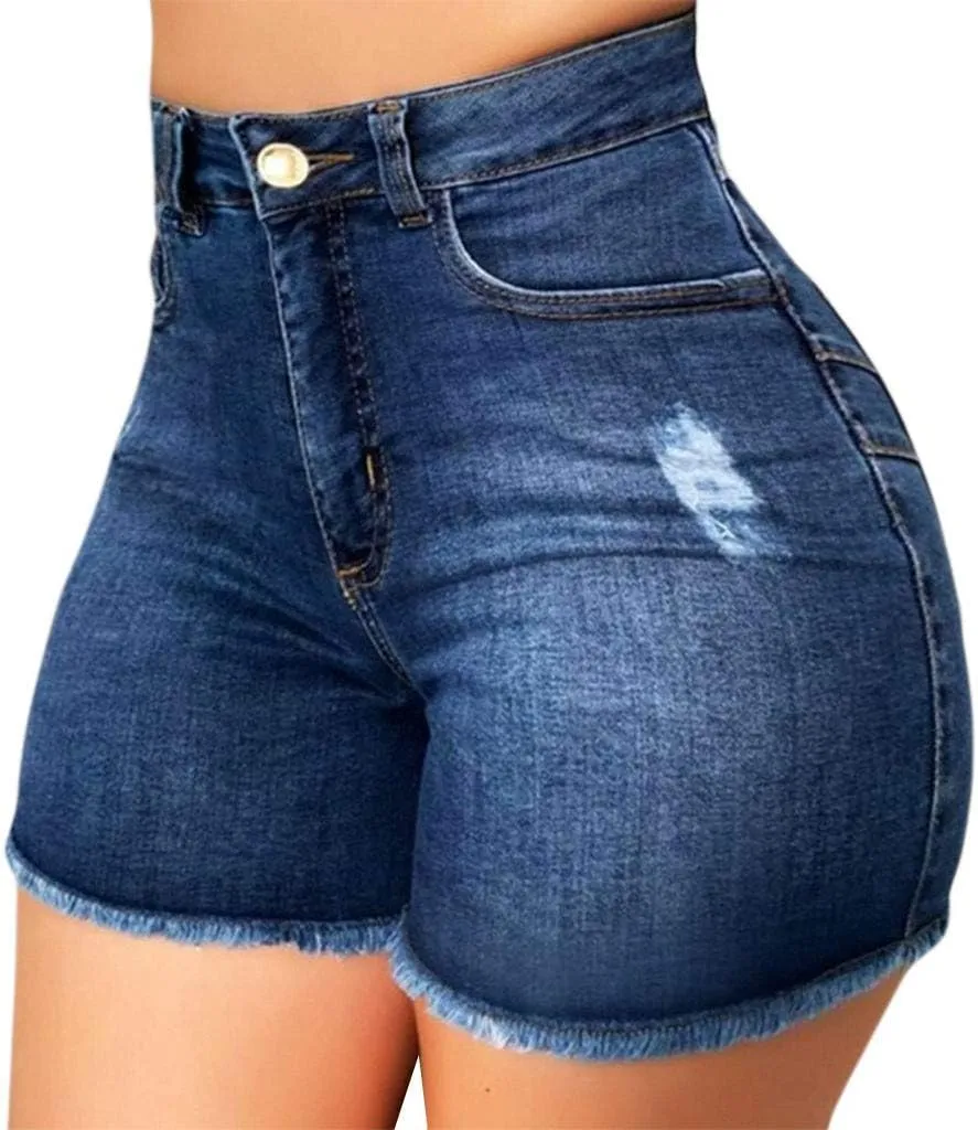 Ripped Jean Shorts for Women Plus Size High Waisted Stretchy Frayed Denim Distressed Jeans Shorts