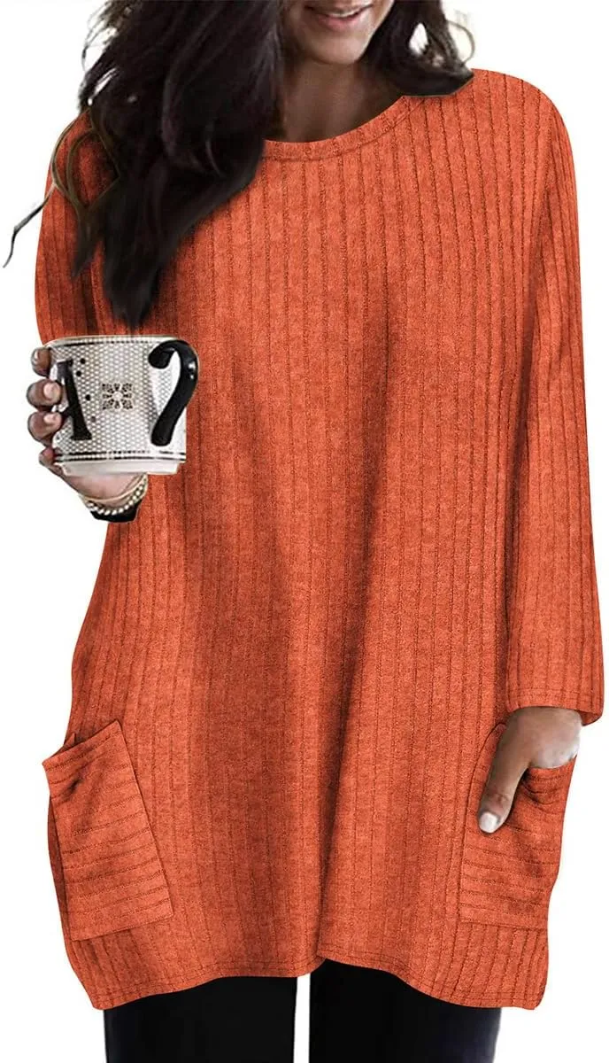 RITERA Plus Size Top for Women Long Sleeve Tunic Tops Winter Shirts Fall Casual T-shirts with Pockets Crewneck XL-5XL
