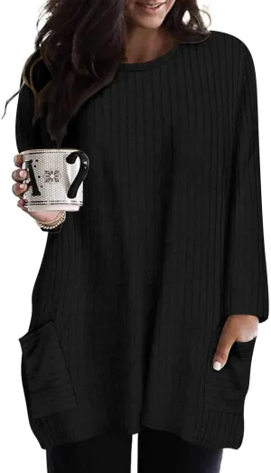 RITERA Plus Size Top for Women Long Sleeve Tunic Tops Winter Shirts Fall Casual T-shirts with Pockets Crewneck XL-5XL