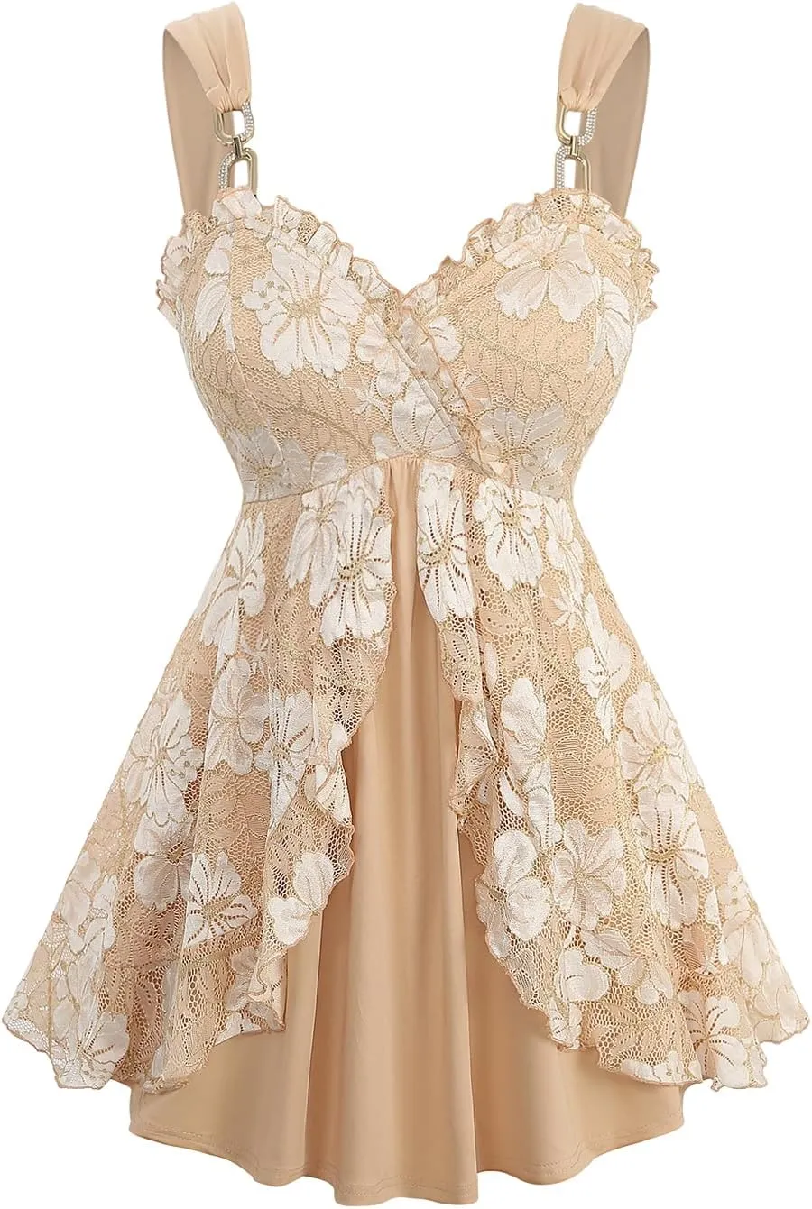ROSE GAL Rosegal Women Plus Size Elegant Summer Babydoll Tank Top Floral Lace Overlay Peplum Hem Surplice Tank Top