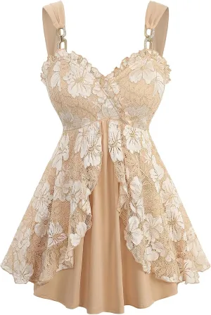 ROSE GAL Rosegal Women Plus Size Elegant Summer Babydoll Tank Top Floral Lace Overlay Peplum Hem Surplice Tank Top