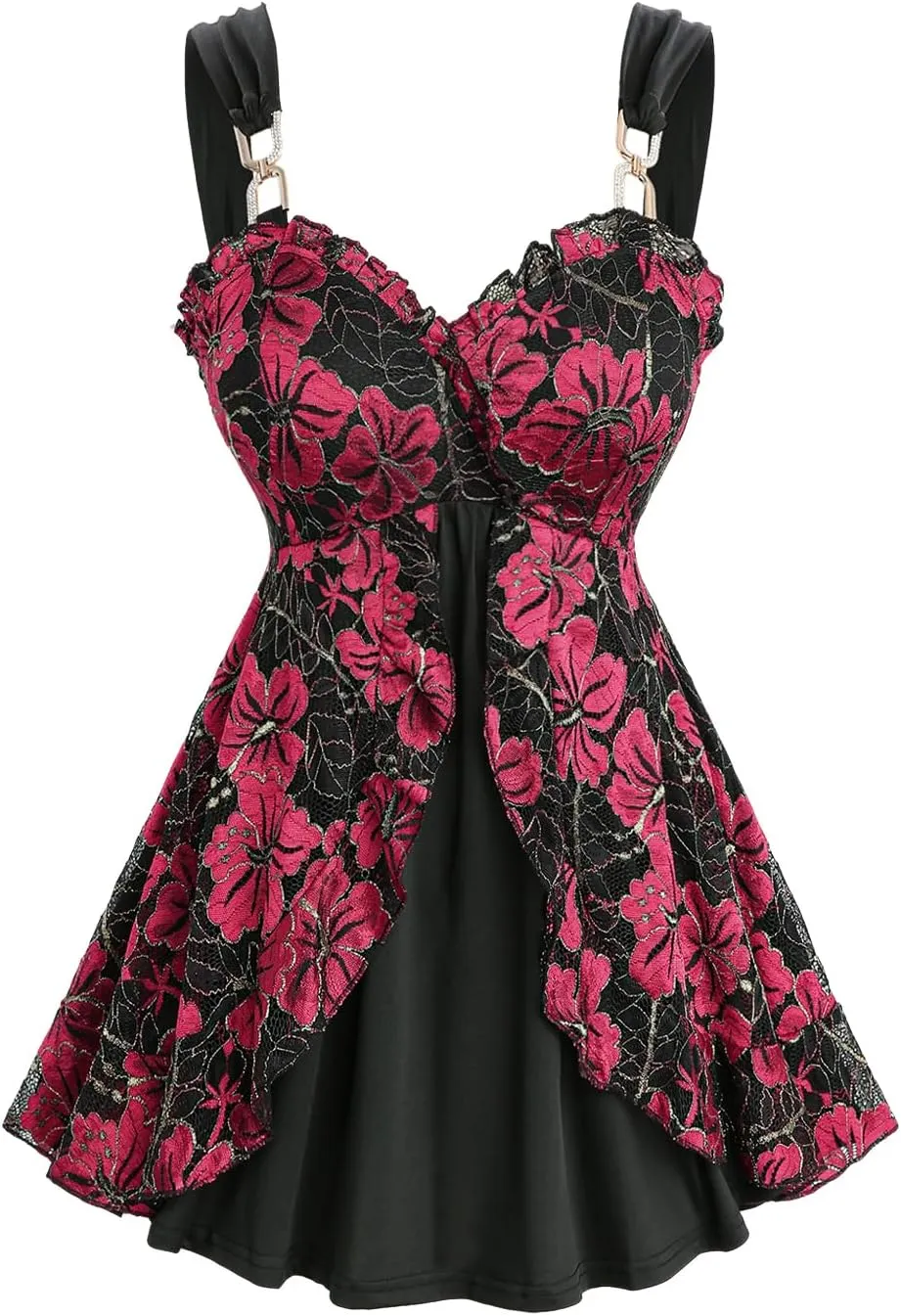 ROSE GAL Rosegal Women Plus Size Elegant Summer Babydoll Tank Top Floral Lace Overlay Peplum Hem Surplice Tank Top