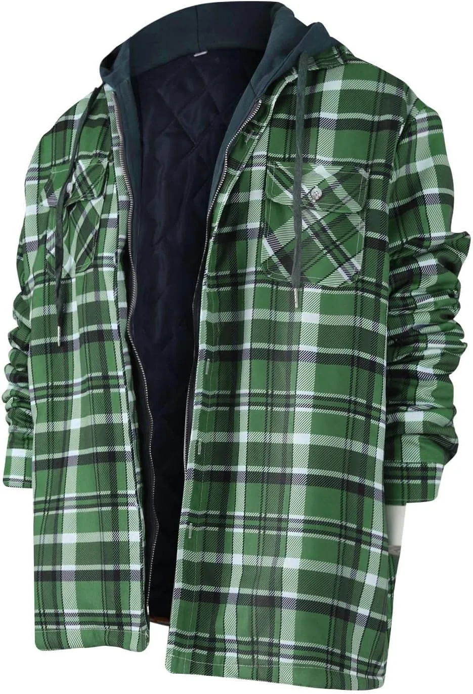 RTRDE Men's Button Down Long Sleeve Shirts Hooded Jacket Plaid Shirts Quilted Lined Fall Winter Coat Shirt, M-5XL