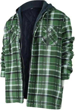 RTRDE Men's Button Down Long Sleeve Shirts Hooded Jacket Plaid Shirts Quilted Lined Fall Winter Coat Shirt, M-5XL