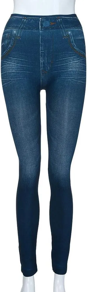 Ruziyoog Women's Stretch Faux Denim Leggings with Pockets Tummy Control Pull on High Waisted Skinny Jean Leggings