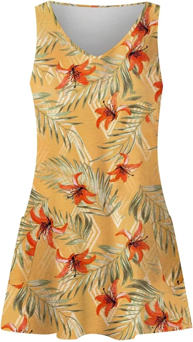 SGASY Beach Dresses for Women 2024 Vacation Boho Printed Casual Sundress Summer Sleeveless Loose Dress with Pockets