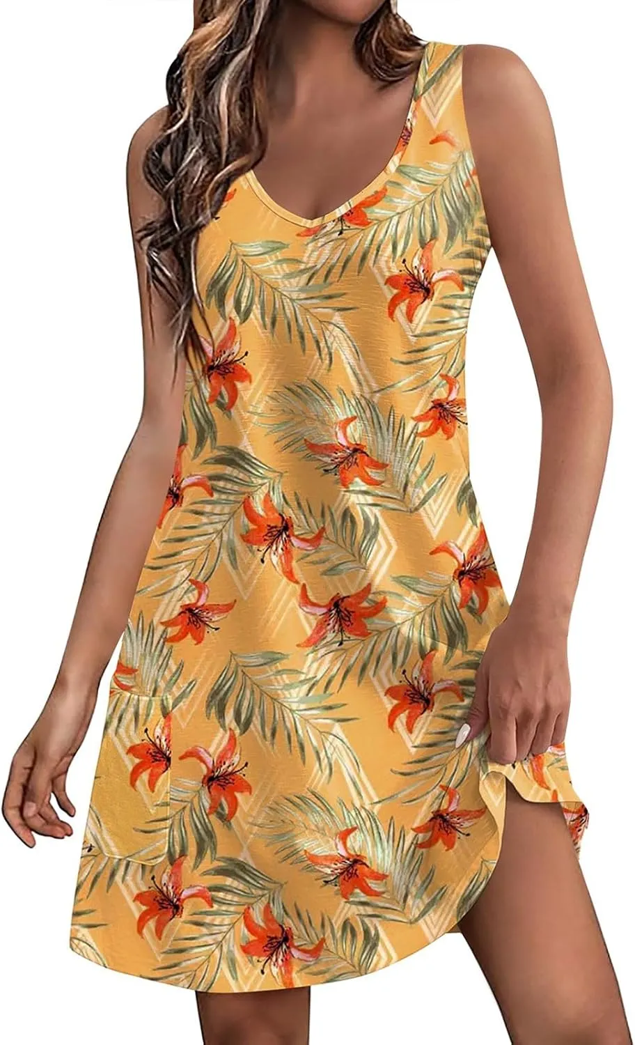 SGASY Beach Dresses for Women 2024 Vacation Boho Printed Casual Sundress Summer Sleeveless Loose Dress with Pockets
