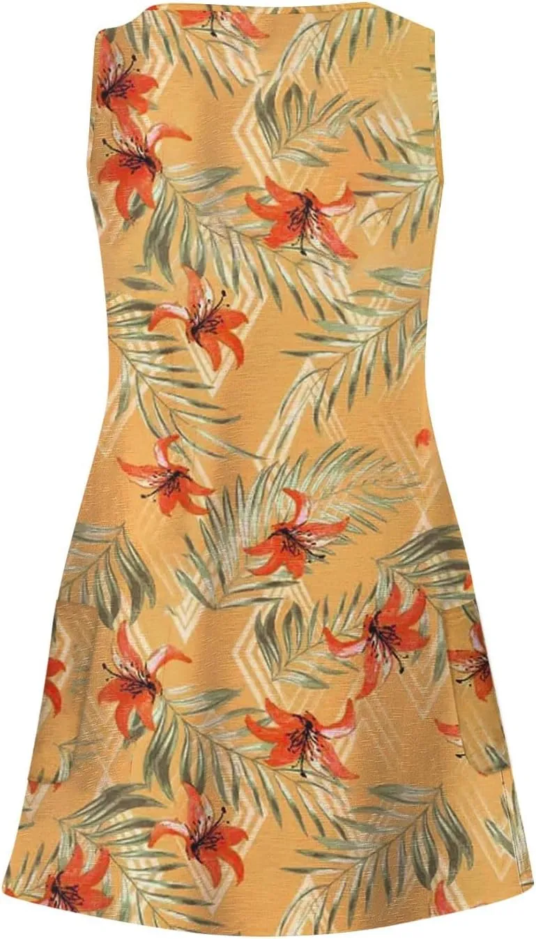 SGASY Beach Dresses for Women 2024 Vacation Boho Printed Casual Sundress Summer Sleeveless Loose Dress with Pockets
