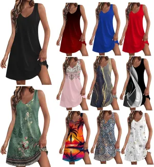 SGASY Beach Dresses for Women 2024 Vacation Boho Printed Casual Sundress Summer Sleeveless Loose Dress with Pockets