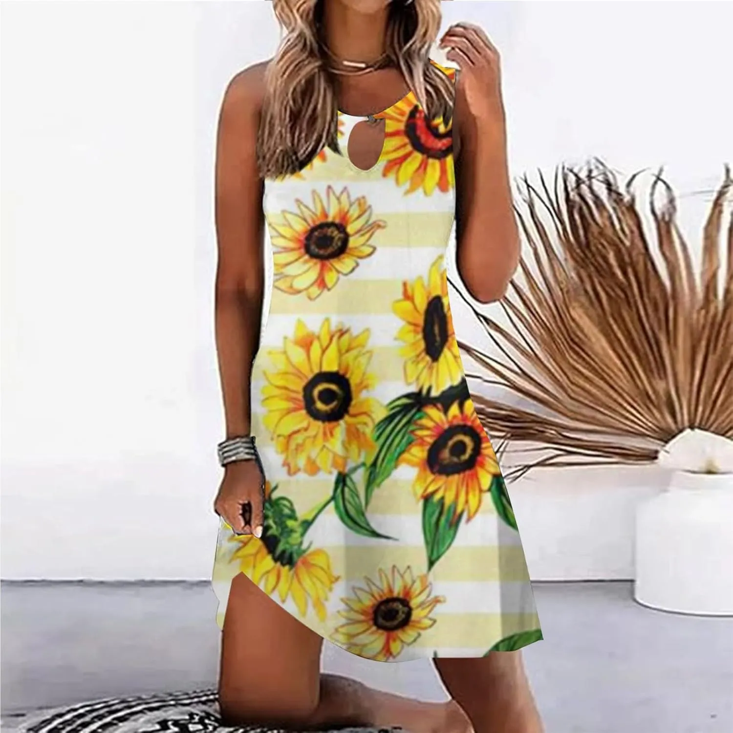 Short Sleeve Floral Dress Comfy Midi Dresss Summer Crewneck Tie Waist Solid Beach Tank Dress Long Dresses Spring