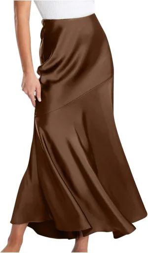 Silk Skirts Women Satin A-Line Maxi Long Ankle Length Elastic Waist Flared Flowy Mermaid Hem Wedding Elegant Skirt