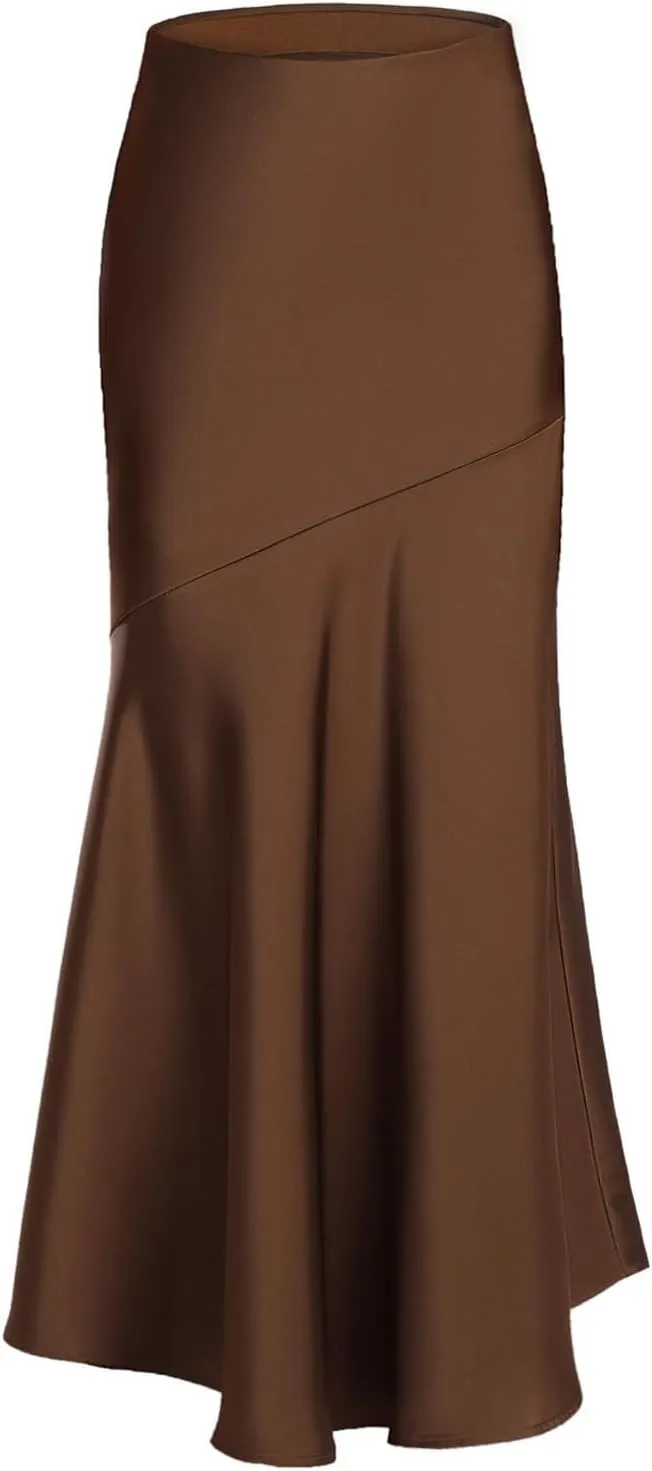 Silk Skirts Women Satin A-Line Maxi Long Ankle Length Elastic Waist Flared Flowy Mermaid Hem Wedding Elegant Skirt