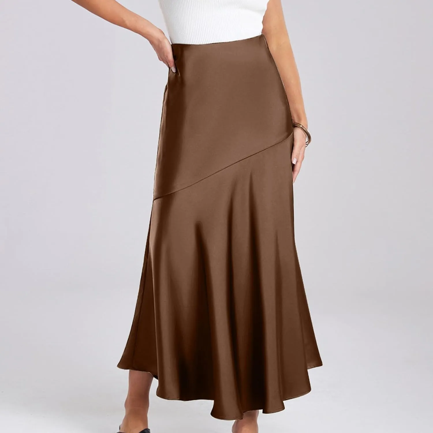 Silk Skirts Women Satin A-Line Maxi Long Ankle Length Elastic Waist Flared Flowy Mermaid Hem Wedding Elegant Skirt