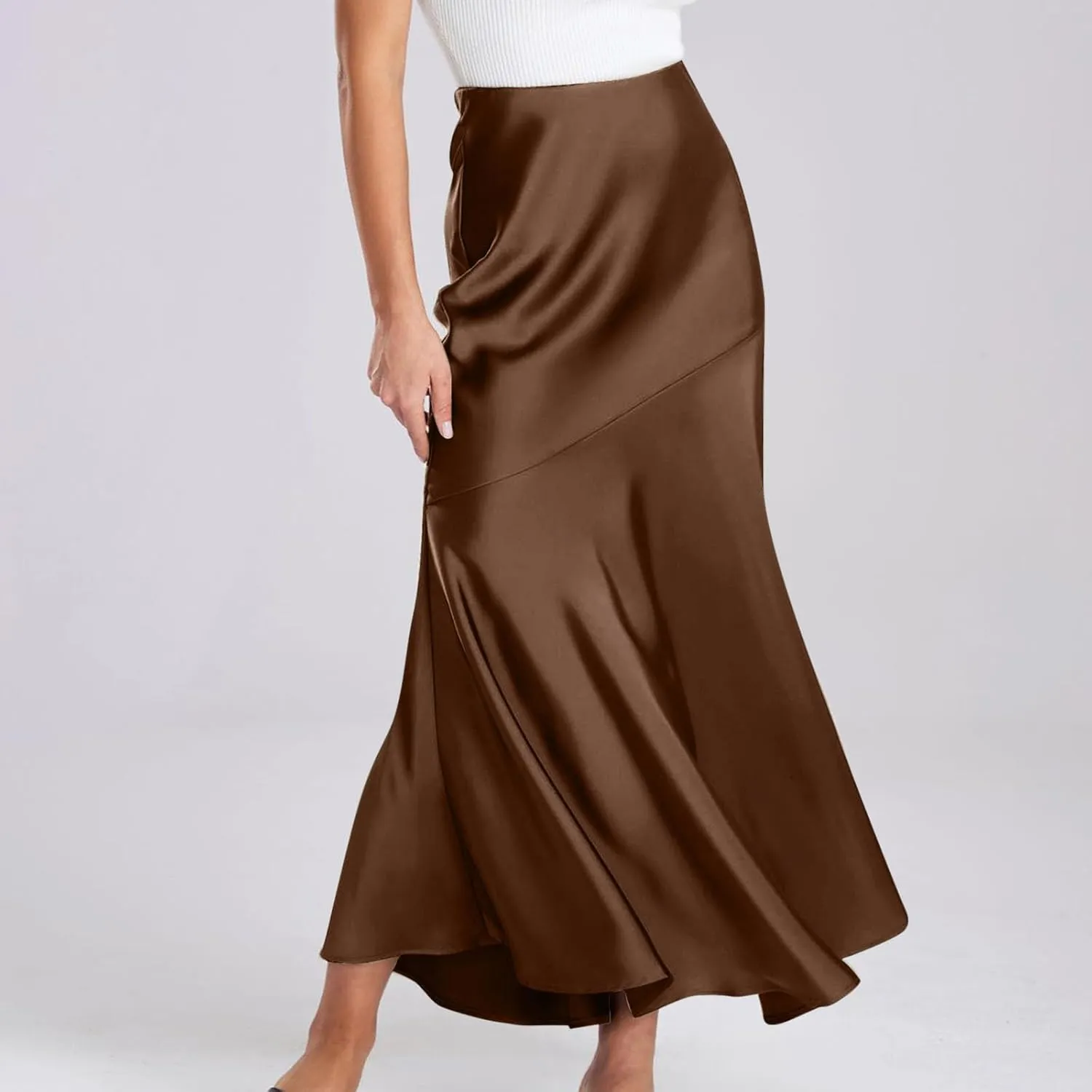 Silk Skirts Women Satin A-Line Maxi Long Ankle Length Elastic Waist Flared Flowy Mermaid Hem Wedding Elegant Skirt