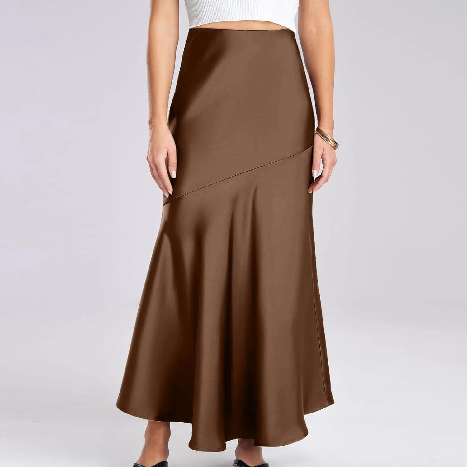 Silk Skirts Women Satin A-Line Maxi Long Ankle Length Elastic Waist Flared Flowy Mermaid Hem Wedding Elegant Skirt