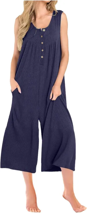 Sinzelimin Summer Jumpsuits for Women 2025 Trendy Solid Color Dressy Casual Baggy Capri Romper Button V-Neck Pockets Overalls