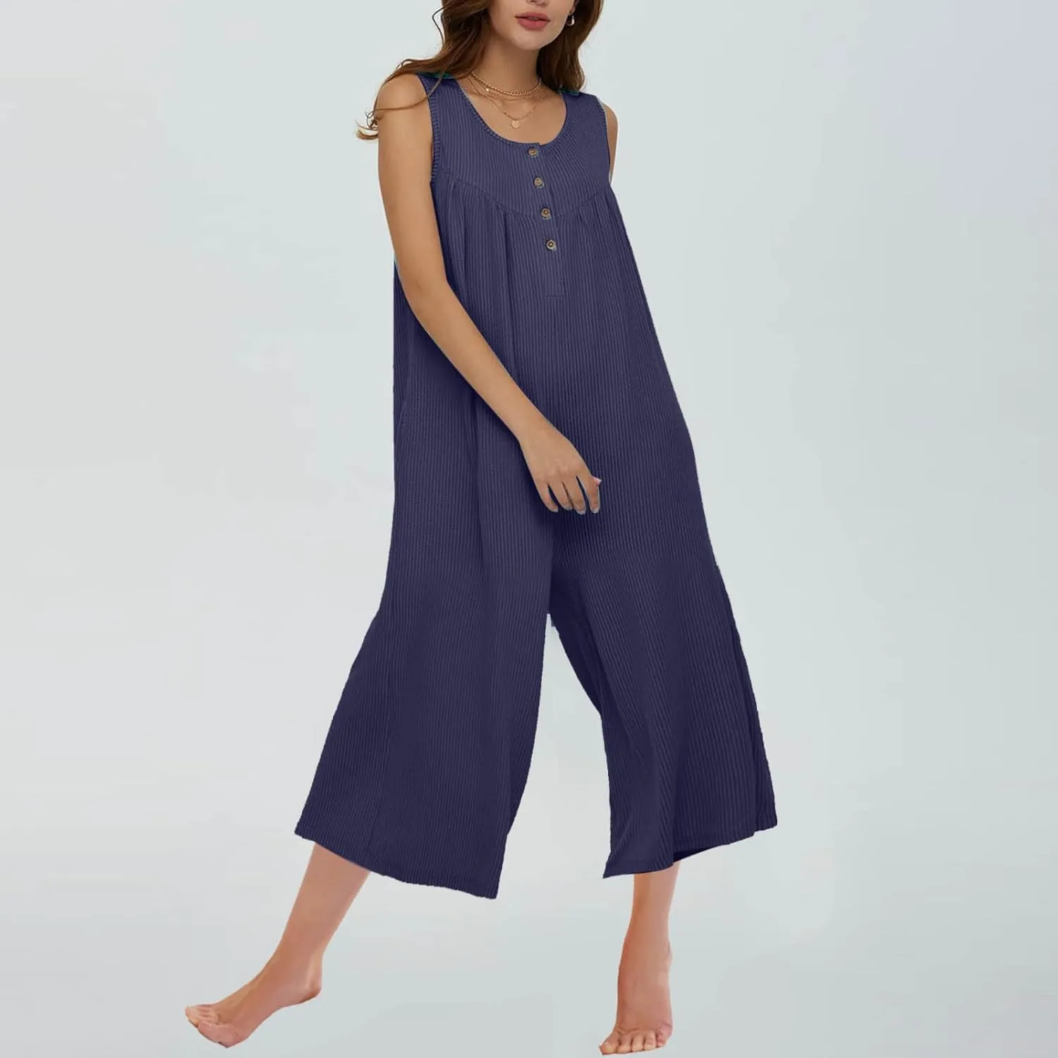 Sinzelimin Summer Jumpsuits for Women 2025 Trendy Solid Color Dressy Casual Baggy Capri Romper Button V-Neck Pockets Overalls