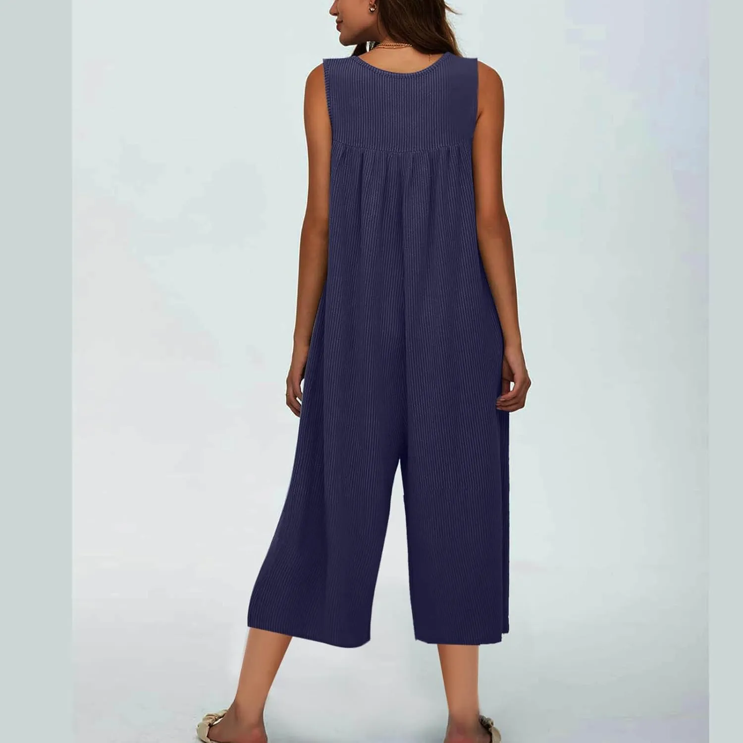 Sinzelimin Summer Jumpsuits for Women 2025 Trendy Solid Color Dressy Casual Baggy Capri Romper Button V-Neck Pockets Overalls
