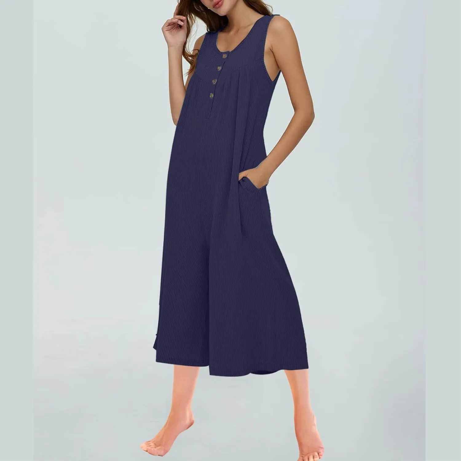 Sinzelimin Summer Jumpsuits for Women 2025 Trendy Solid Color Dressy Casual Baggy Capri Romper Button V-Neck Pockets Overalls