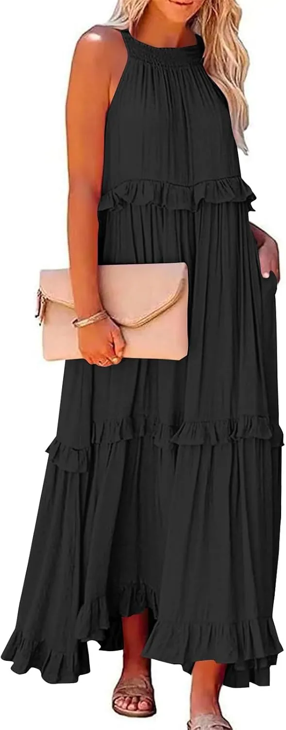 Smocked Dress Women Empire Waist Dress Halter Tie Back Loose Flowy Ruffle Tiered Maxi Dress with Pockets