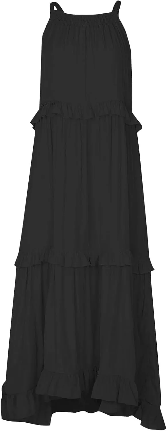 Smocked Dress Women Empire Waist Dress Halter Tie Back Loose Flowy Ruffle Tiered Maxi Dress with Pockets