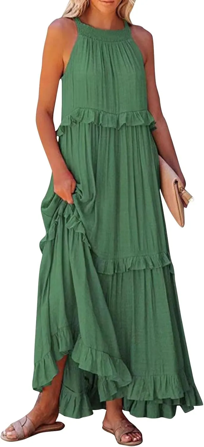 Smocked Dress Women Empire Waist Dress Halter Tie Back Loose Flowy Ruffle Tiered Maxi Dress with Pockets