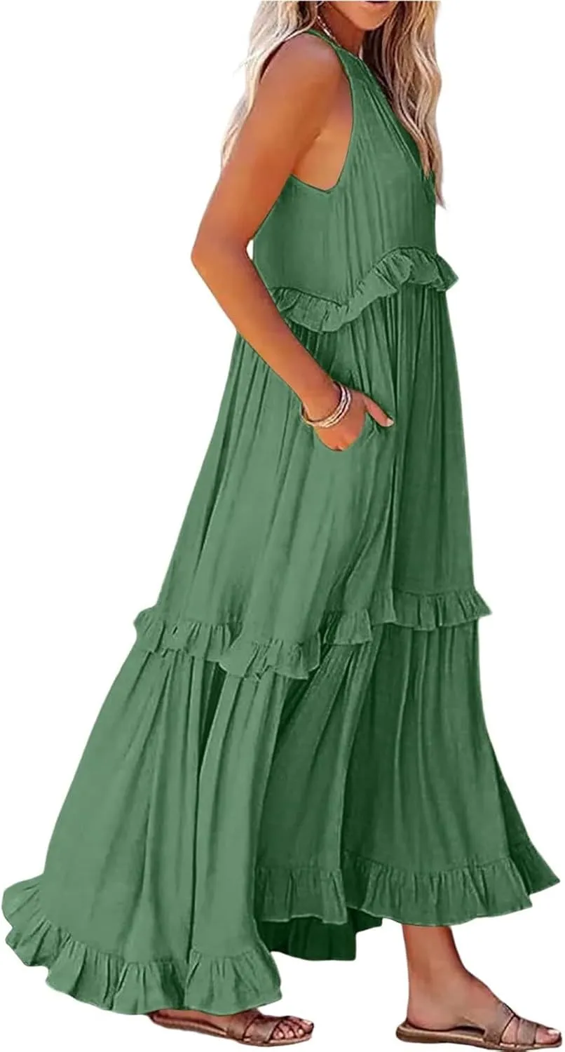 Smocked Dress Women Empire Waist Dress Halter Tie Back Loose Flowy Ruffle Tiered Maxi Dress with Pockets