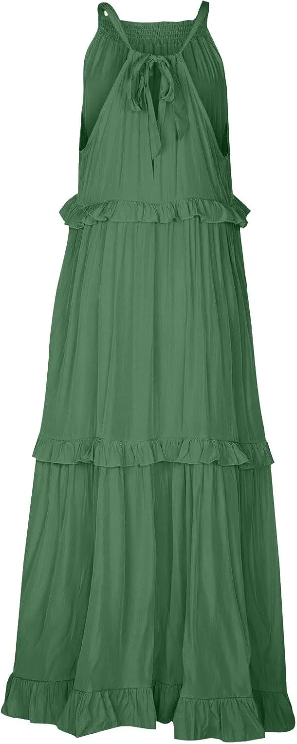 Smocked Dress Women Empire Waist Dress Halter Tie Back Loose Flowy Ruffle Tiered Maxi Dress with Pockets