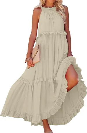 Smocked Dress Women Empire Waist Dress Halter Tie Back Loose Flowy Ruffle Tiered Maxi Dress with Pockets
