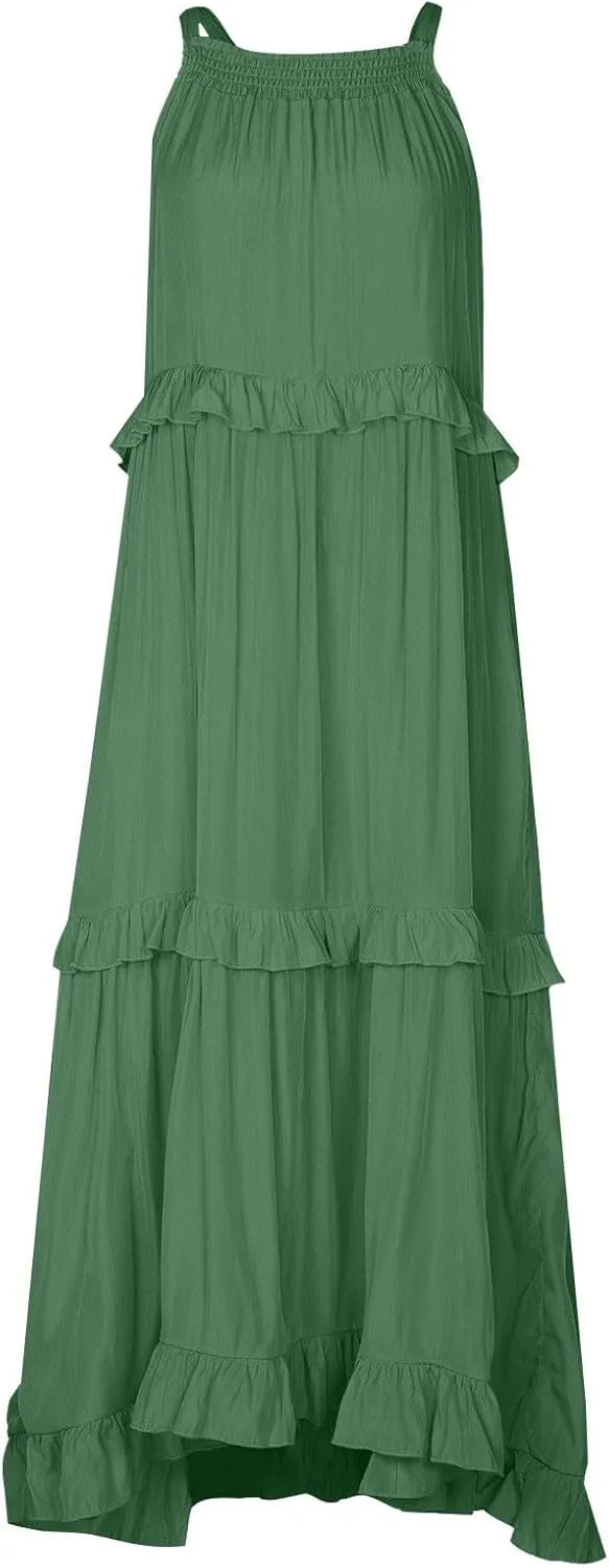 Smocked Dress Women Empire Waist Dress Halter Tie Back Loose Flowy Ruffle Tiered Maxi Dress with Pockets