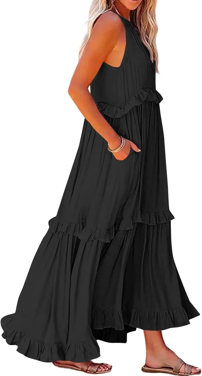 Smocked Dress Women Empire Waist Dress Halter Tie Back Loose Flowy Ruffle Tiered Maxi Dress with Pockets