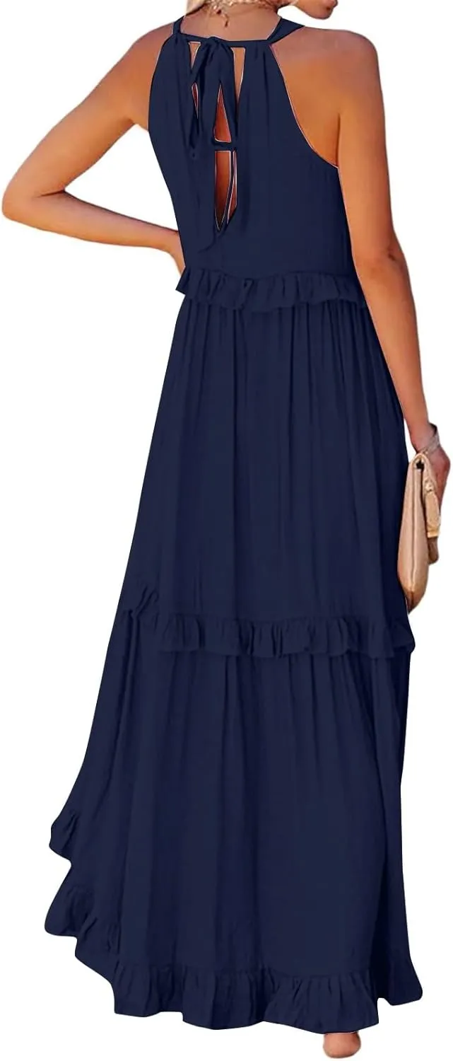 Smocked Dress Women Empire Waist Dress Halter Tie Back Loose Flowy Ruffle Tiered Maxi Dress with Pockets