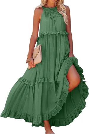 Smocked Dress Women Empire Waist Dress Halter Tie Back Loose Flowy Ruffle Tiered Maxi Dress with Pockets