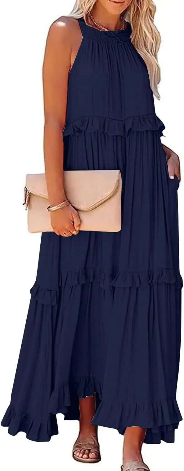 Smocked Dress Women Empire Waist Dress Halter Tie Back Loose Flowy Ruffle Tiered Maxi Dress with Pockets
