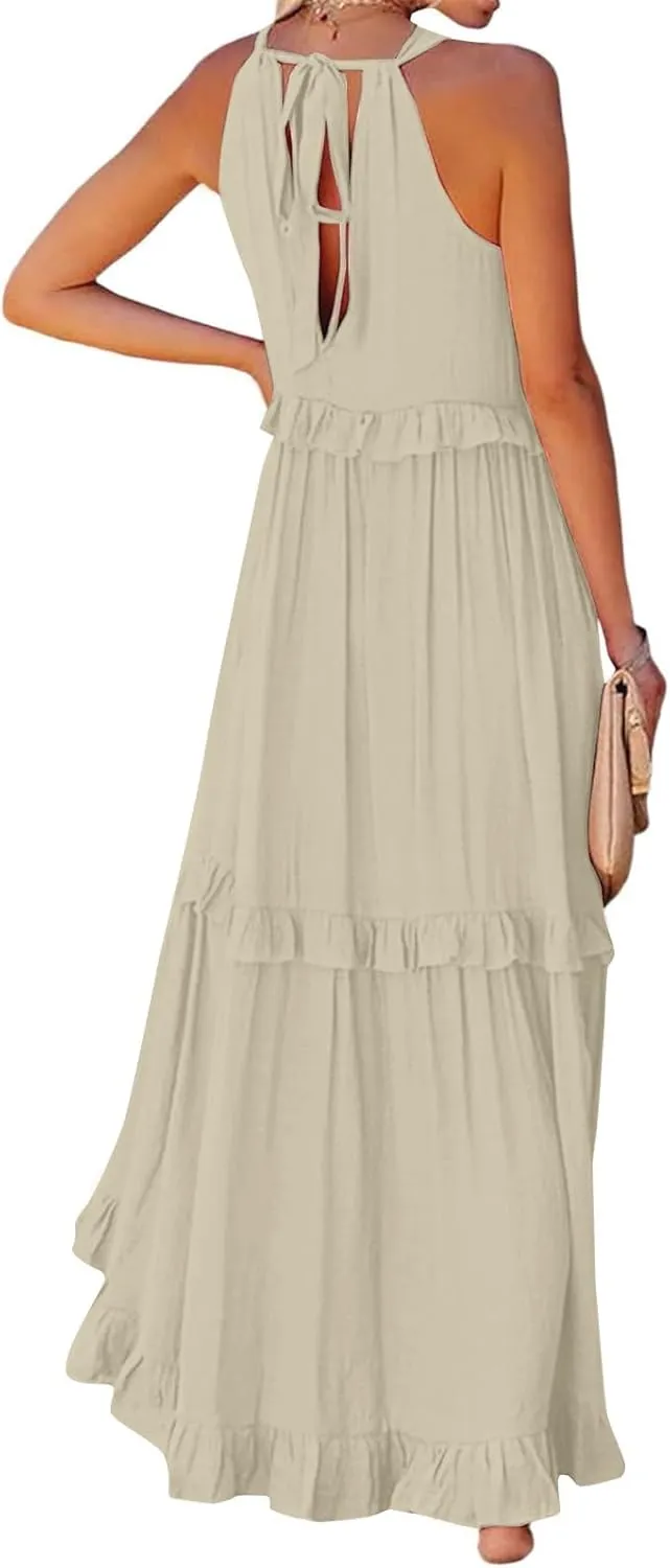 Smocked Dress Women Empire Waist Dress Halter Tie Back Loose Flowy Ruffle Tiered Maxi Dress with Pockets