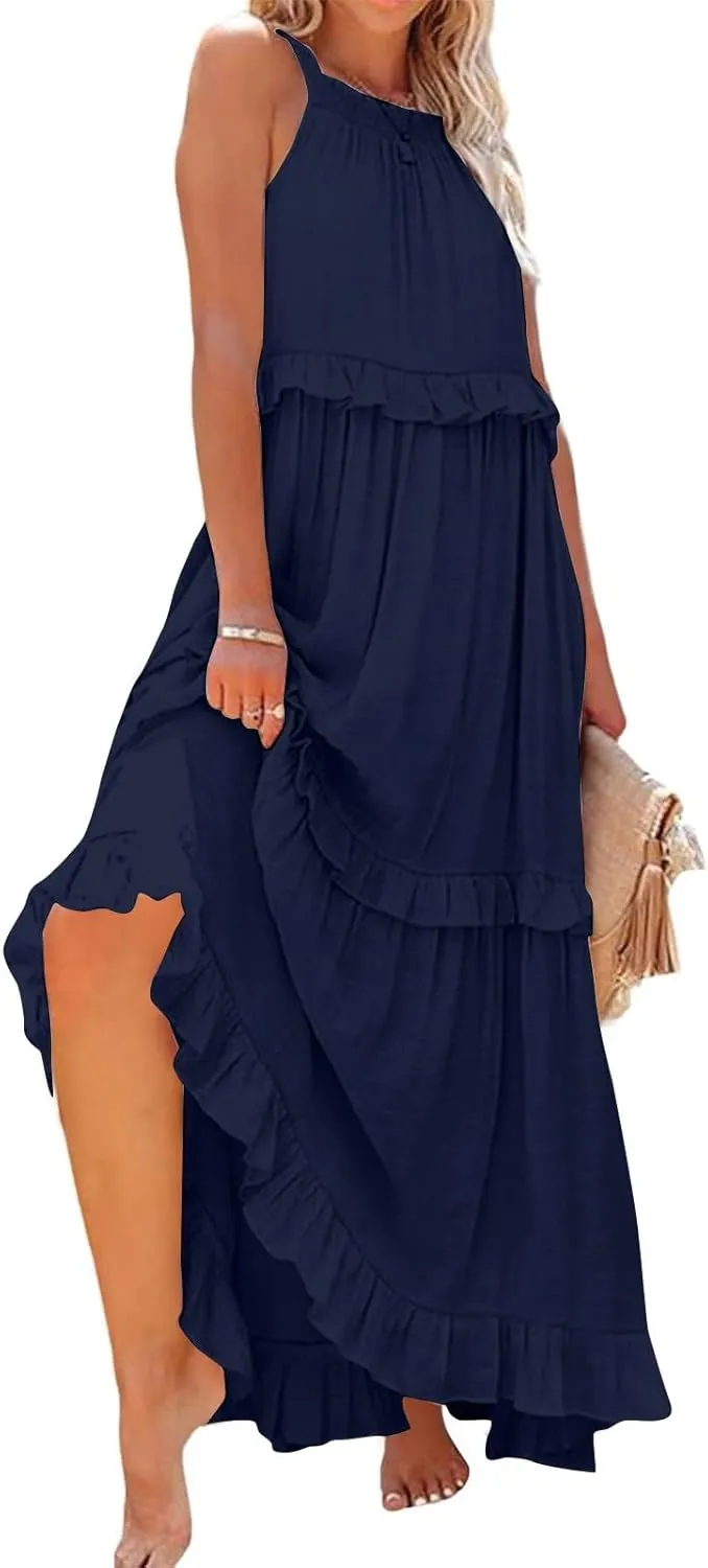 Smocked Dress Women Empire Waist Dress Halter Tie Back Loose Flowy Ruffle Tiered Maxi Dress with Pockets
