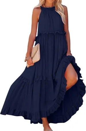Smocked Dress Women Empire Waist Dress Halter Tie Back Loose Flowy Ruffle Tiered Maxi Dress with Pockets