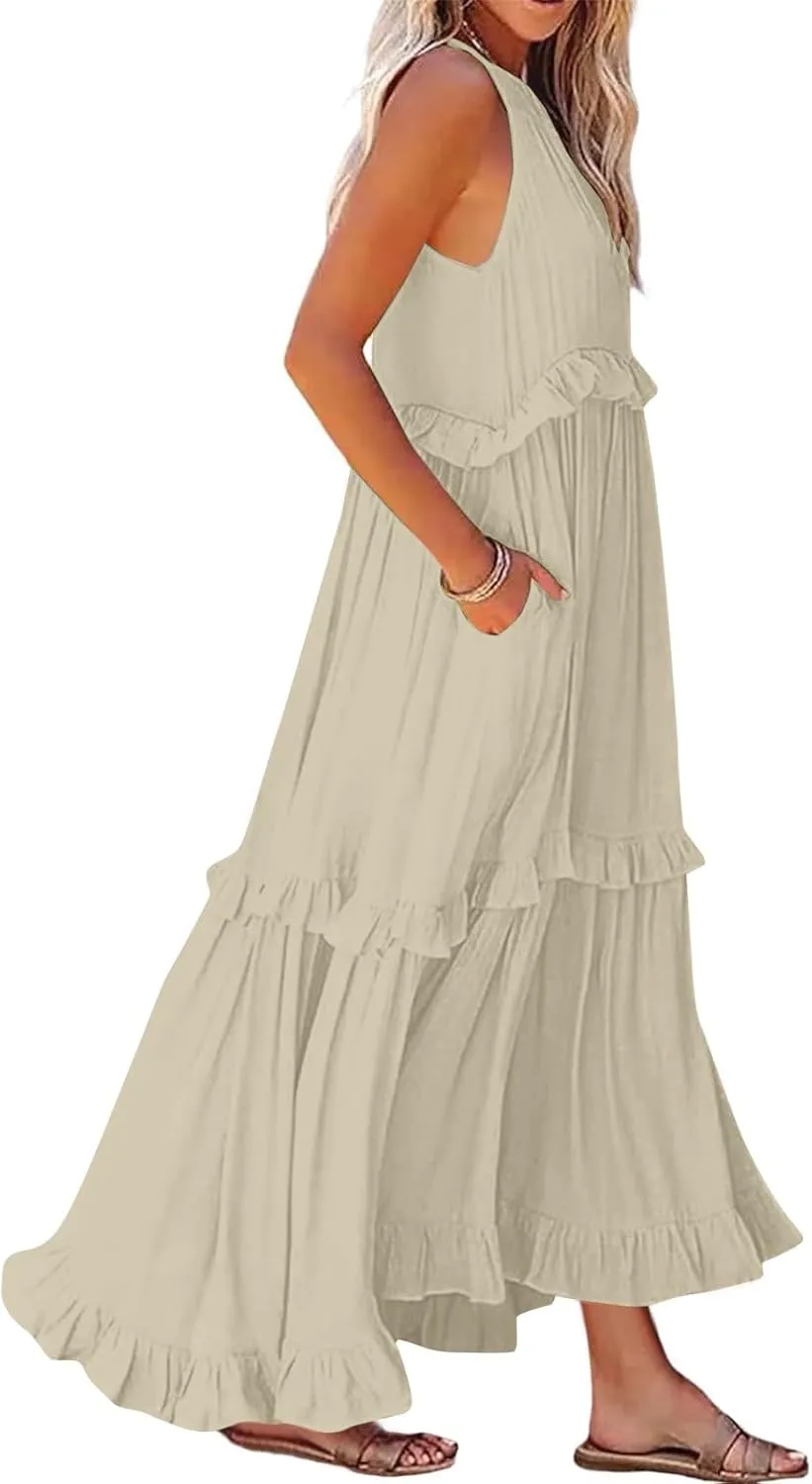 Smocked Dress Women Empire Waist Dress Halter Tie Back Loose Flowy Ruffle Tiered Maxi Dress with Pockets
