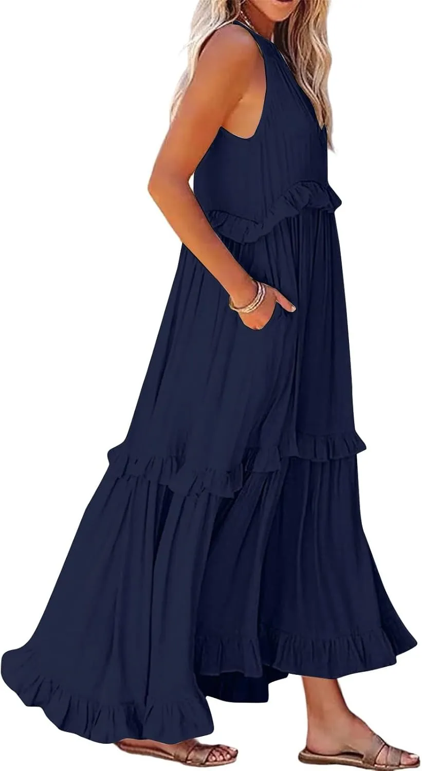 Smocked Dress Women Empire Waist Dress Halter Tie Back Loose Flowy Ruffle Tiered Maxi Dress with Pockets
