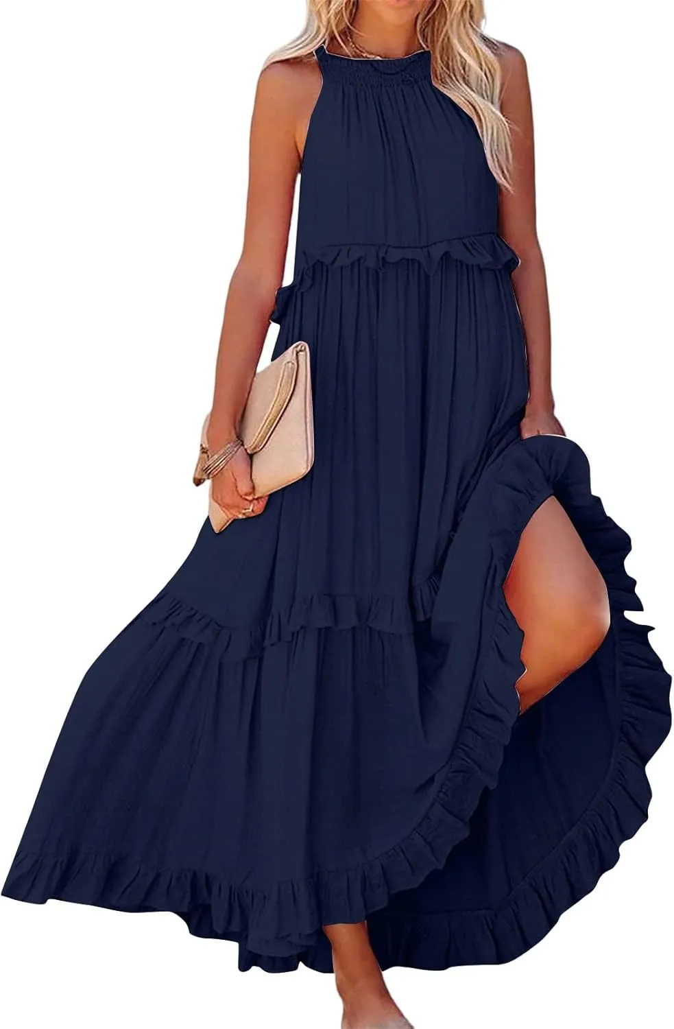 Smocked Dress Women Empire Waist Dress Halter Tie Back Loose Flowy Ruffle Tiered Maxi Dress with Pockets