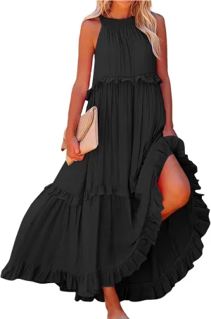Smocked Dress Women Empire Waist Dress Halter Tie Back Loose Flowy Ruffle Tiered Maxi Dress with Pockets